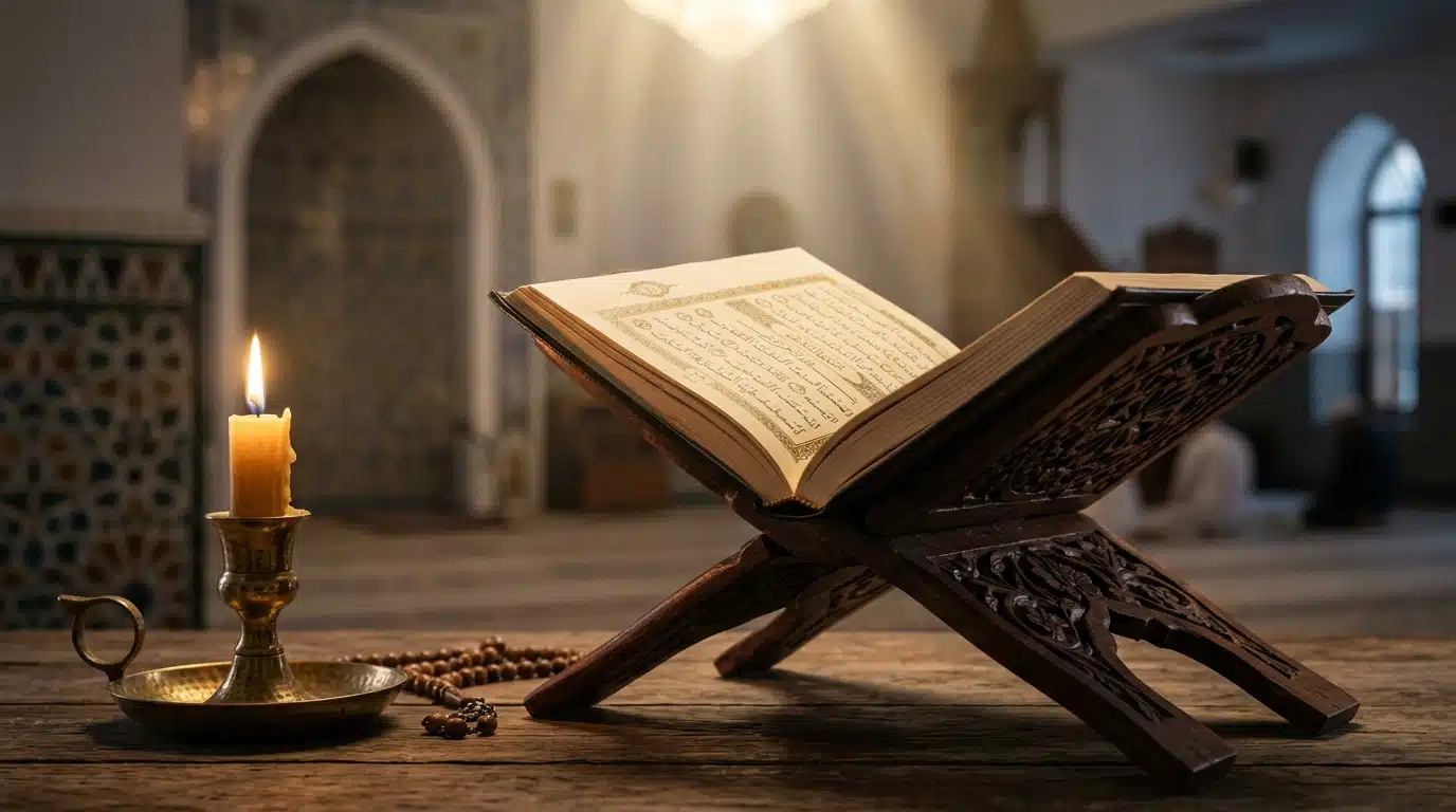 Holy Quran open on wooden rehal reflection on death and life