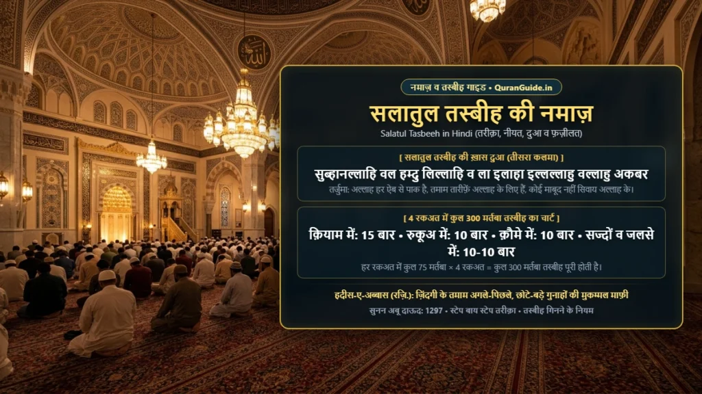 सलातुल तस्बीह की नमाज़ का तरीक़ा | Salatul Tasbeeh in Hindi (दुआ, नीयत, 300 तस्बीह का चार्ट व फ़ज़ीलत)